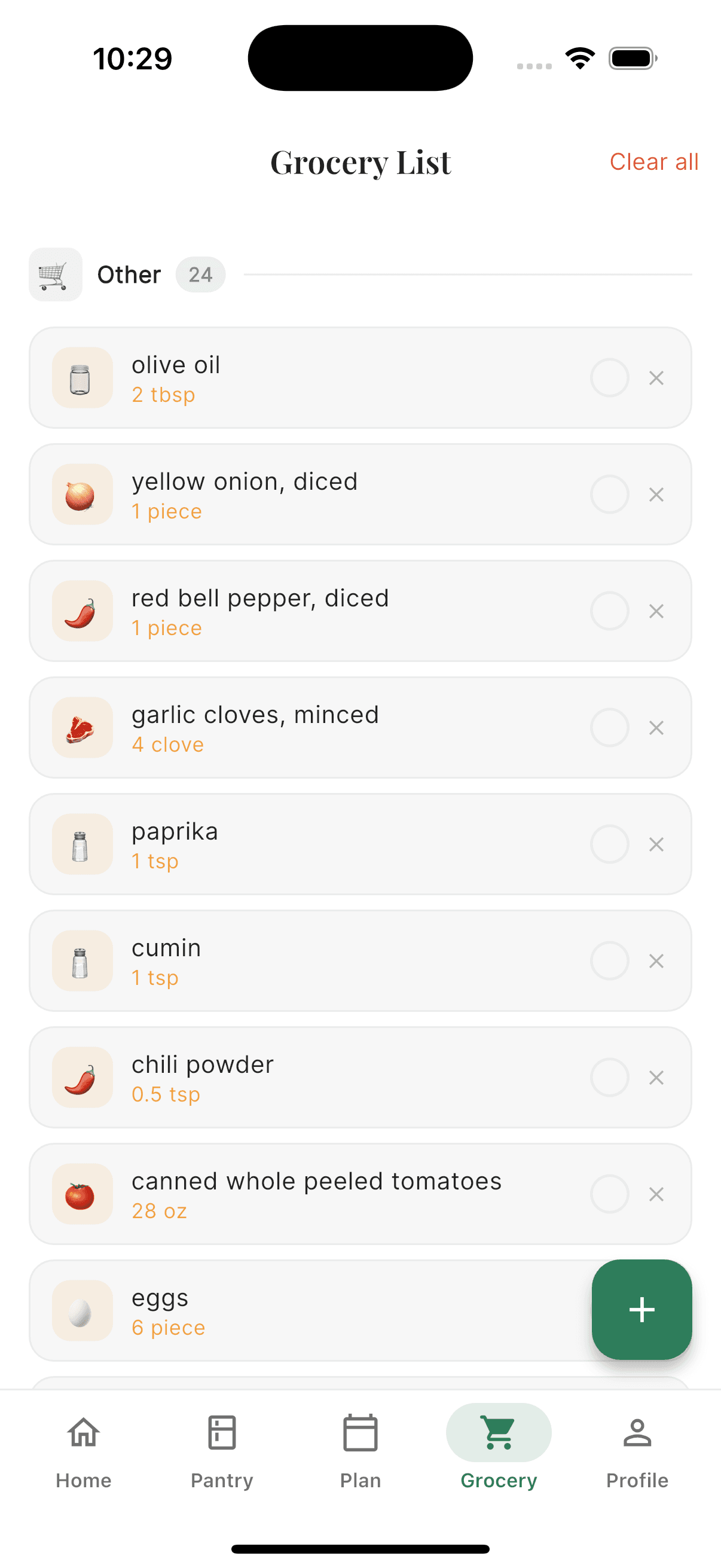 Plateful auto-generated grocery list screen