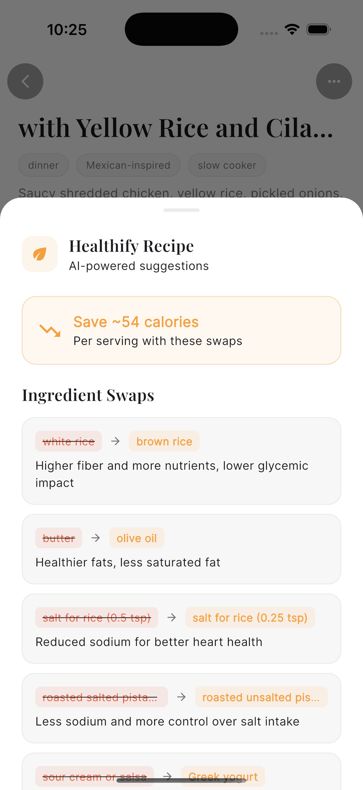 Plateful Healthify screen with healthier ingredient swaps