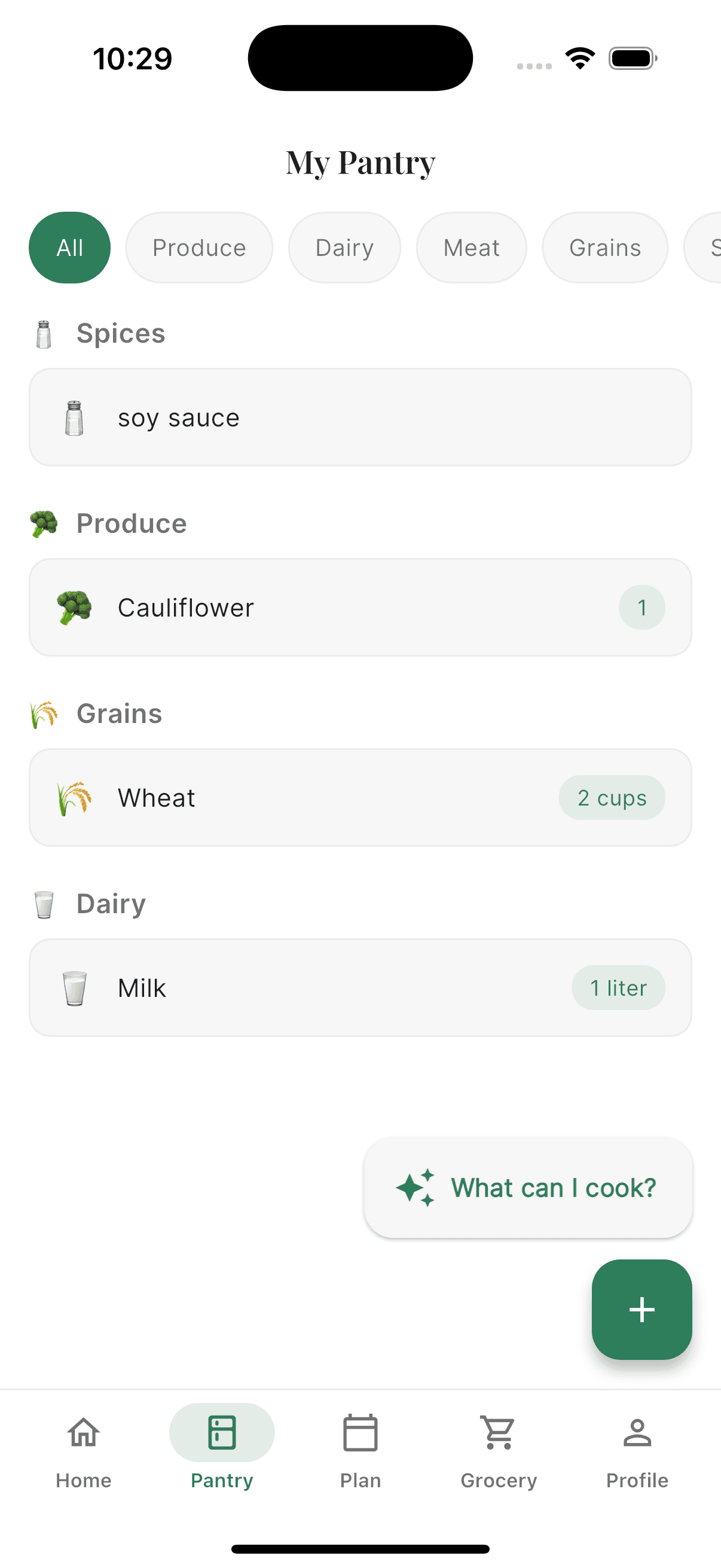 Plateful pantry tracking screen