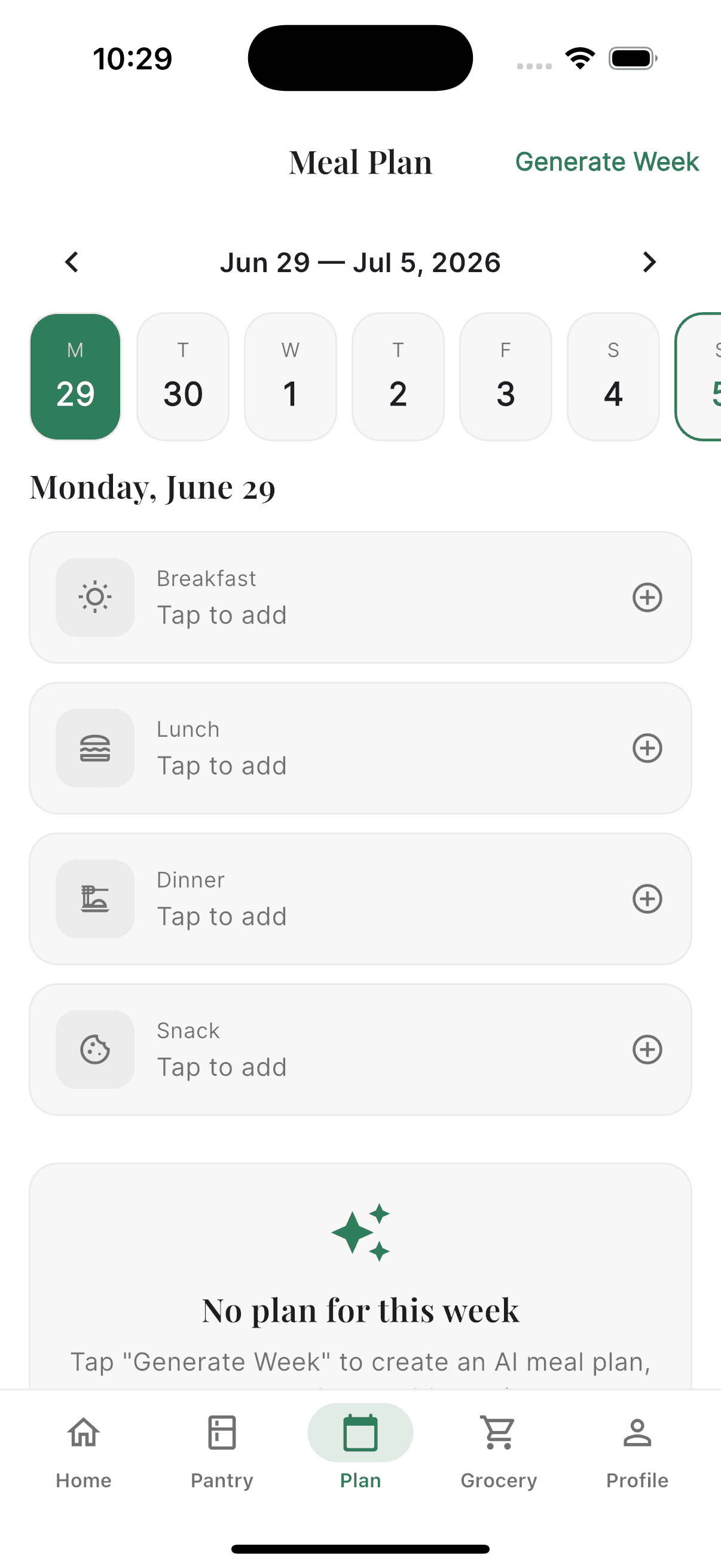 Plateful weekly meal plan screen