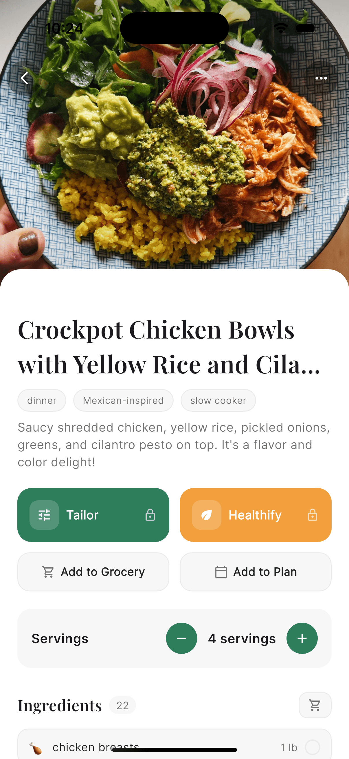 A recipe saved in Plateful, showing tags, servings, and diet controls