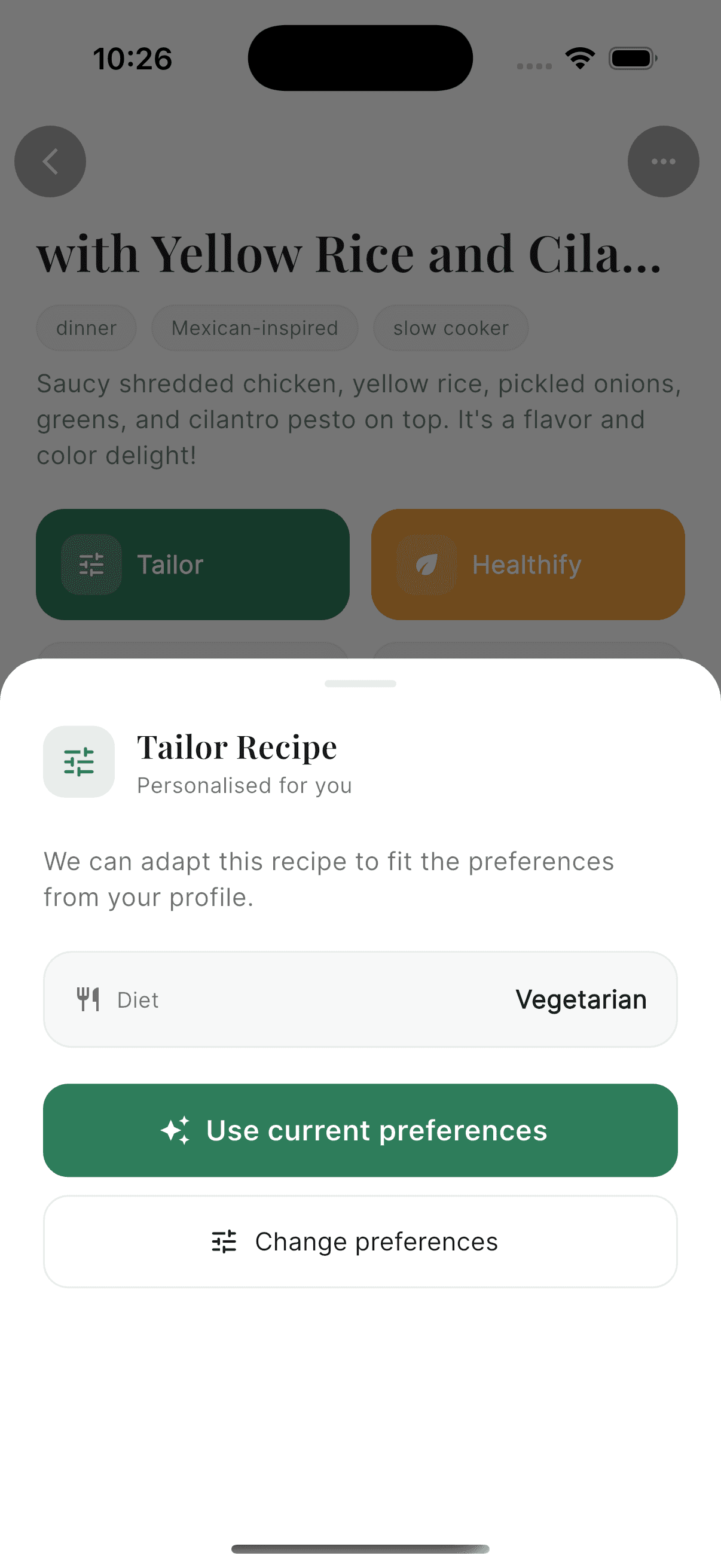 Plateful asking to adapt the recipe to a vegetarian diet using saved preferences